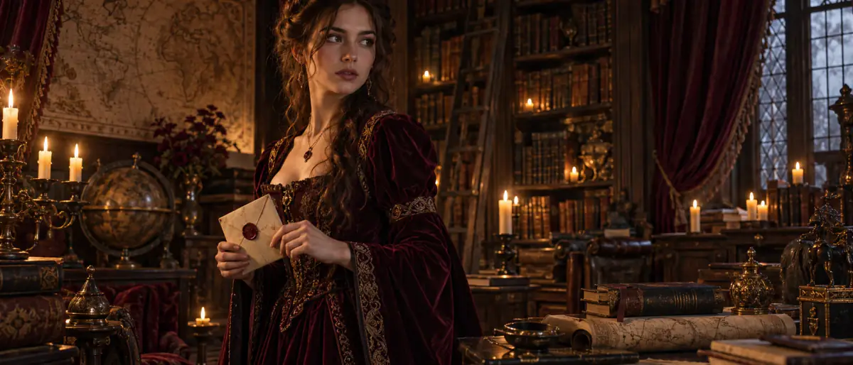 Young woman holding a sealed letter in a candlelit library roleplay scene